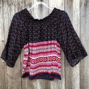 Japna Boho Floral Paisley Smocked Neckline 3/4 Sleeve Blouse Size XS